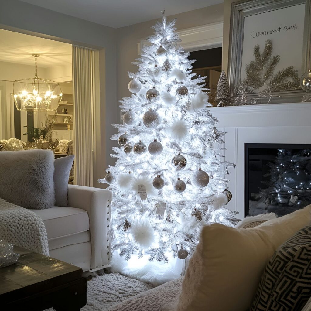 20. White Tree with Silver Icicles and Frosted Pinecones