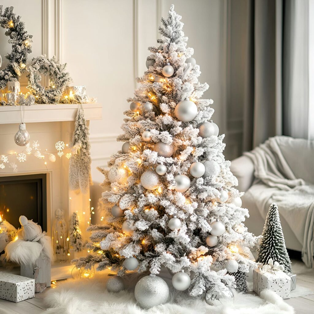 20. White Tree with Silver Icicles and Frosted Pinecones