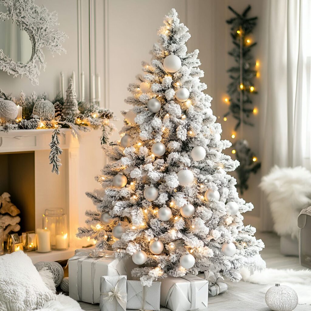 20. White Tree with Silver Icicles and Frosted Pinecones