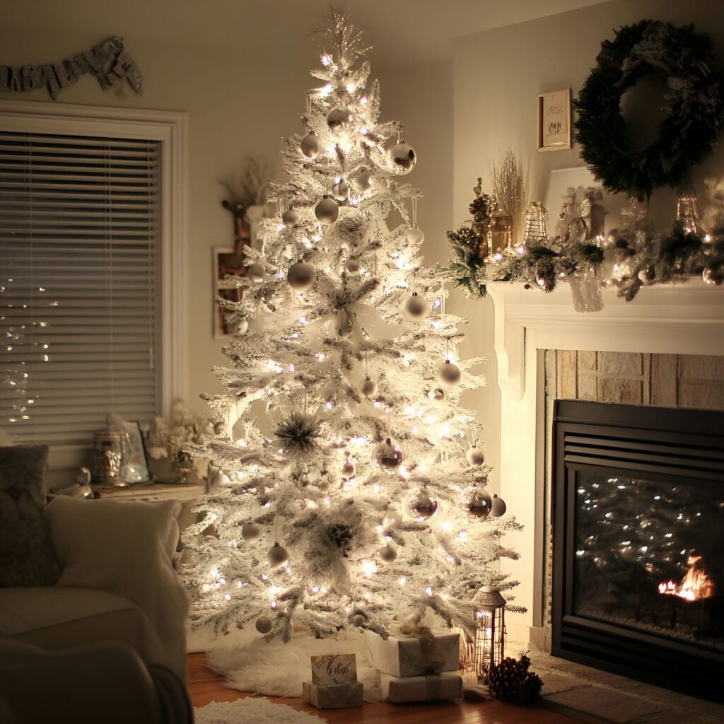 20. White Tree with Silver Icicles and Frosted Pinecones