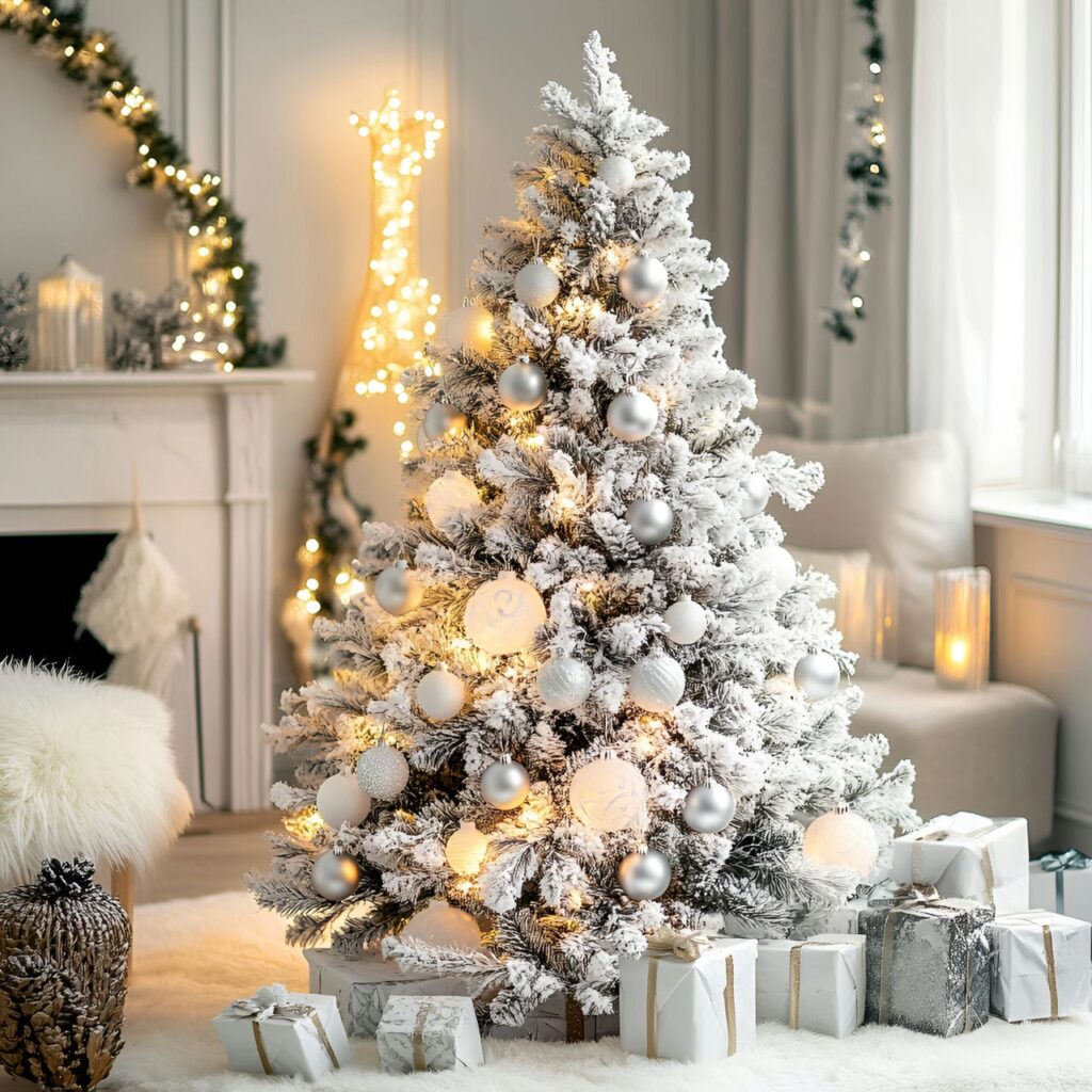 20. White Tree with Silver Icicles and Frosted Pinecones