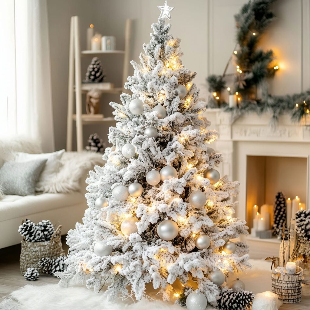 20. White Tree with Silver Icicles and Frosted Pinecones