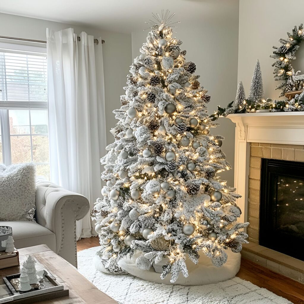 26. White Tree with Silver Pinecones and Warm Lighting