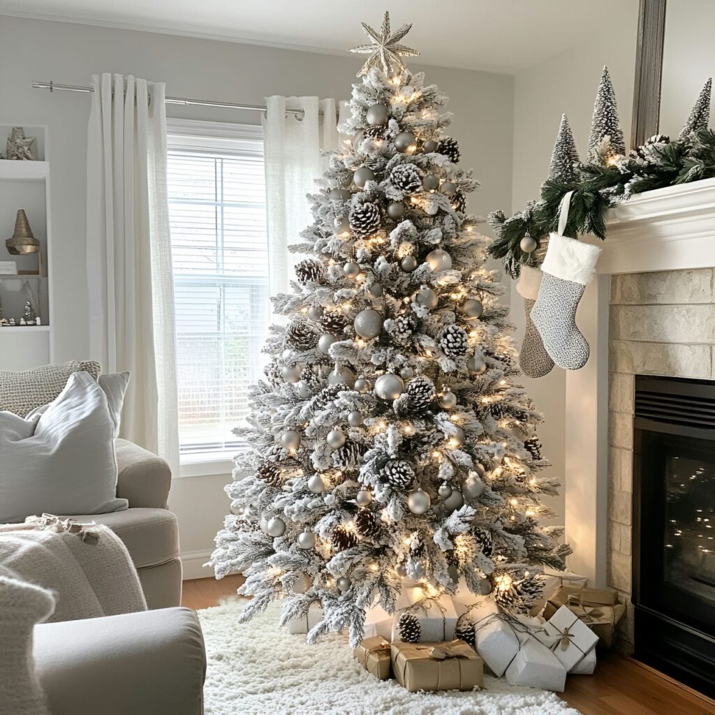 26. White Tree with Silver Pinecones and Warm Lighting