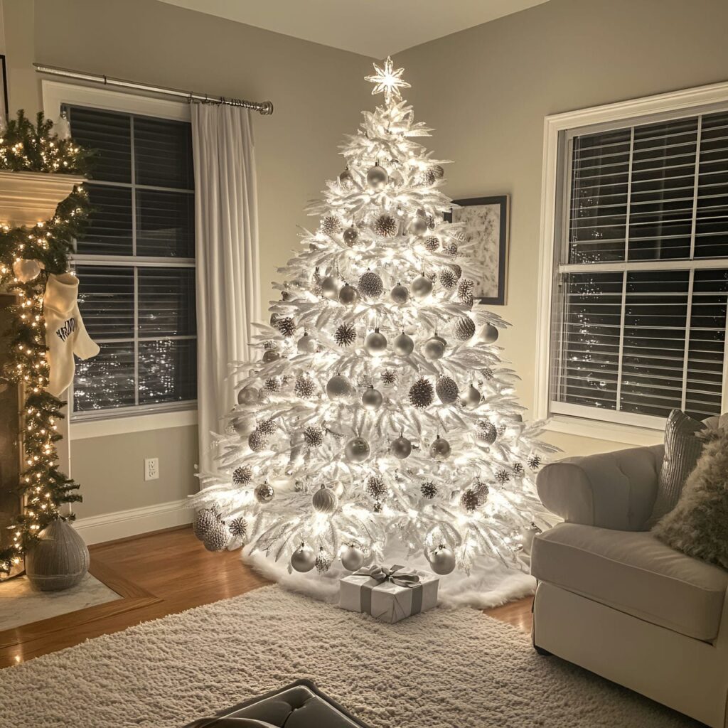 26. White Tree with Silver Pinecones and Warm Lighting