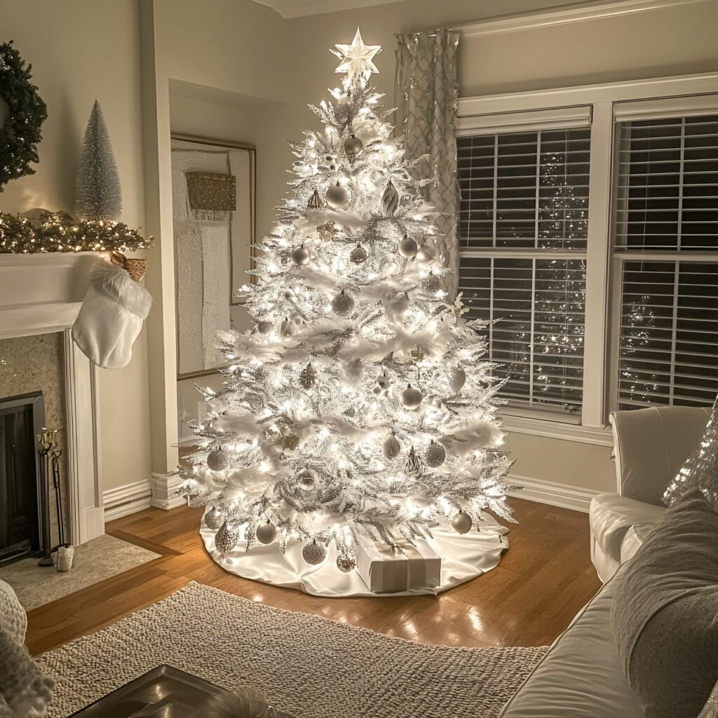 26. White Tree with Silver Pinecones and Warm Lighting