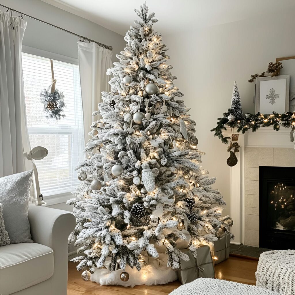 26. White Tree with Silver Pinecones and Warm Lighting