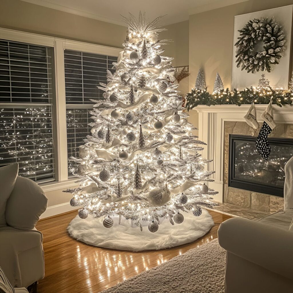 26. White Tree with Silver Pinecones and Warm Lighting