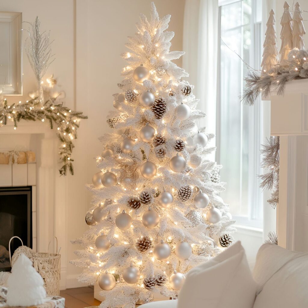 26. White Tree with Silver Pinecones and Warm Lighting