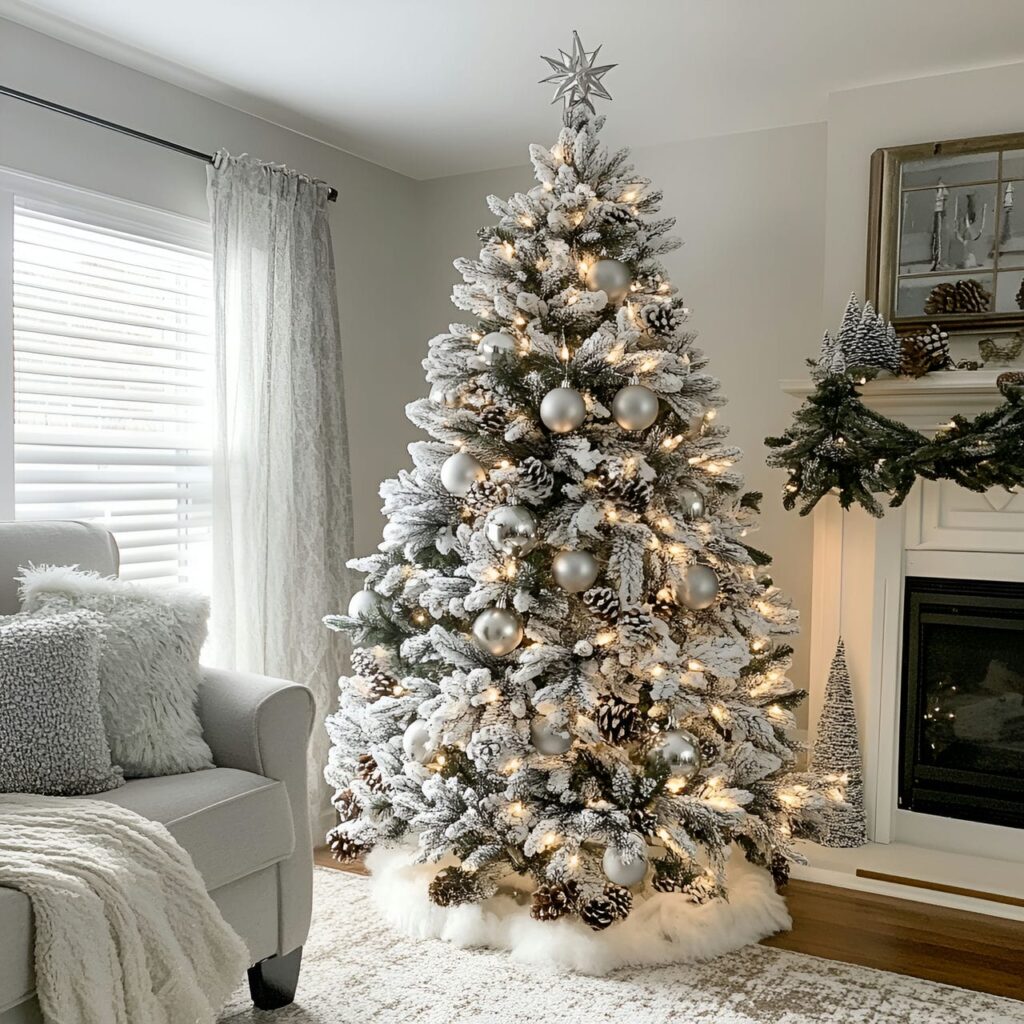 26. White Tree with Silver Pinecones and Warm Lighting