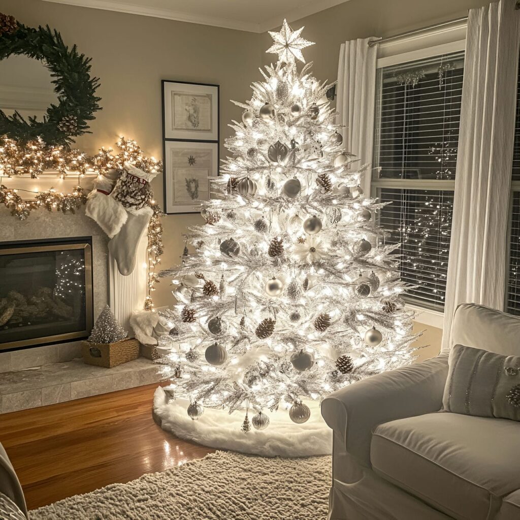 26. White Tree with Silver Pinecones and Warm Lighting