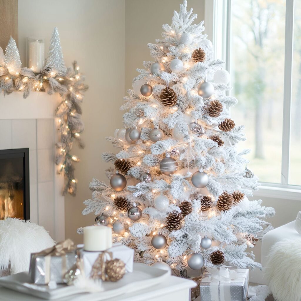 26. White Tree with Silver Pinecones and Warm Lighting