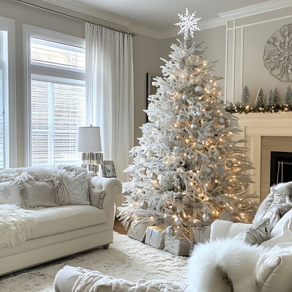 28. White Tree with Silver Snowflakes and Tinsel Décor