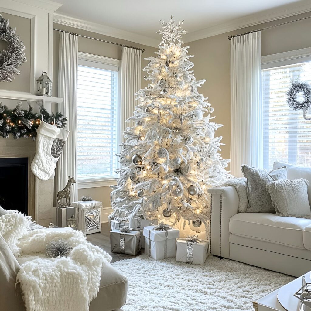 28. White Tree with Silver Snowflakes and Tinsel Décor