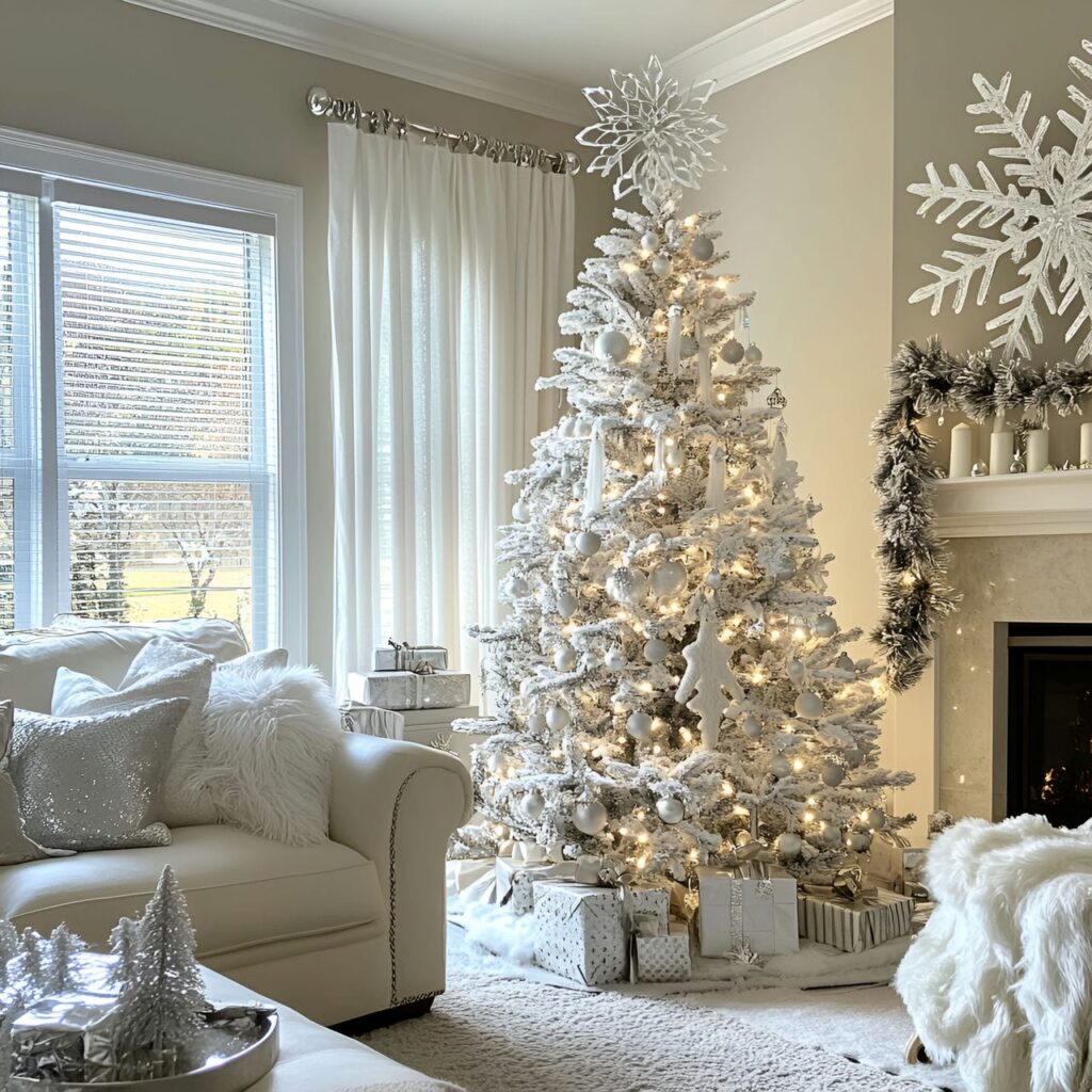 28. White Tree with Silver Snowflakes and Tinsel Décor