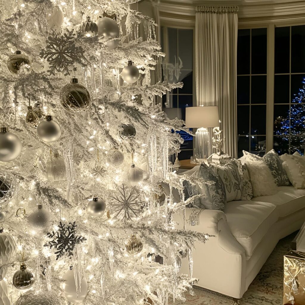 28. White Tree with Silver Snowflakes and Tinsel Décor