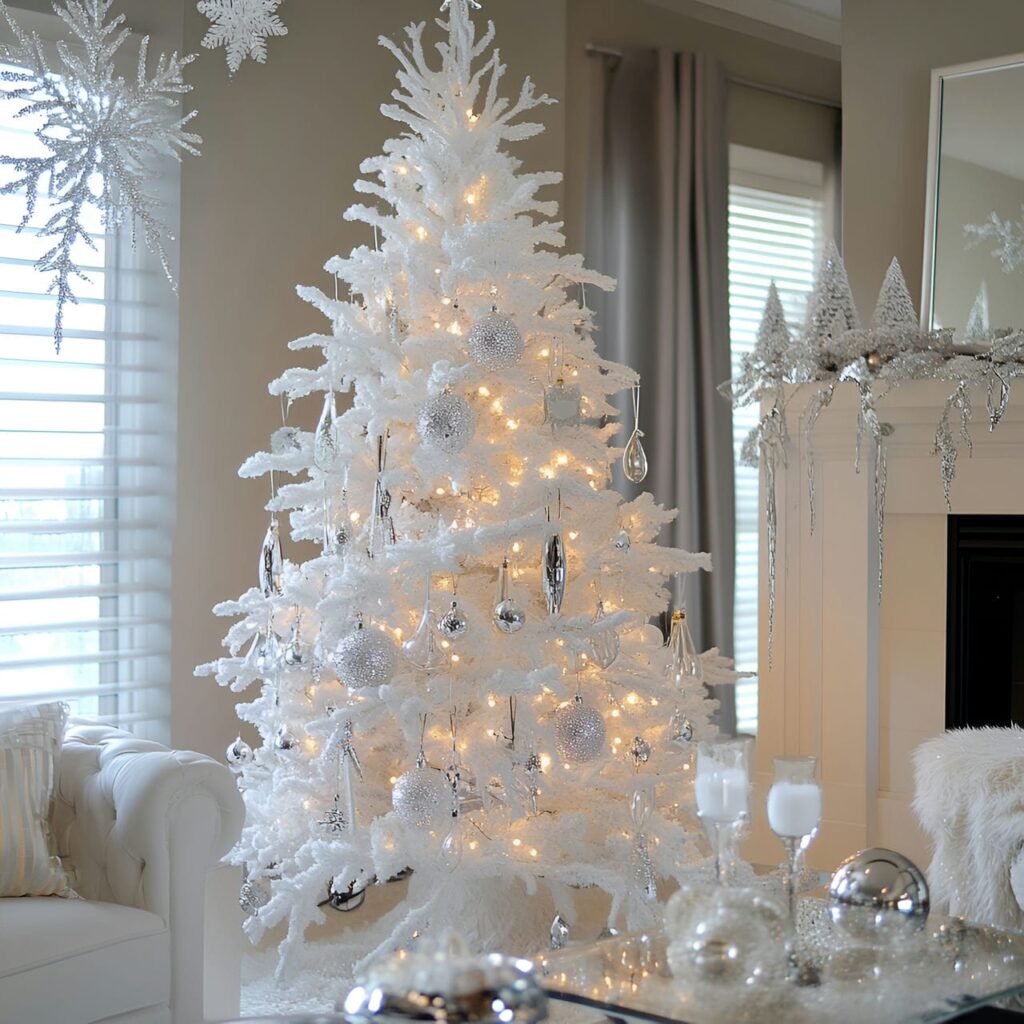 28. White Tree with Silver Snowflakes and Tinsel Décor