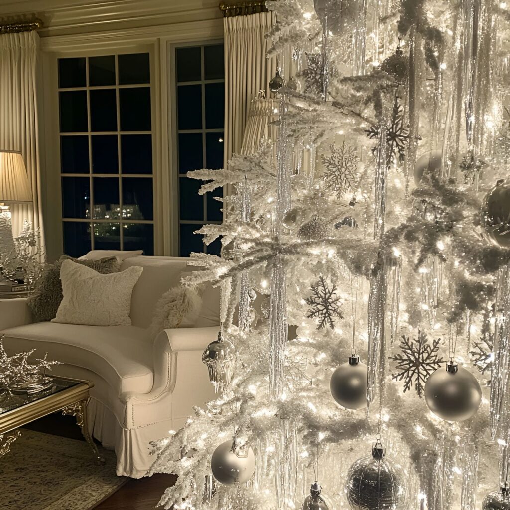 28. White Tree with Silver Snowflakes and Tinsel Décor