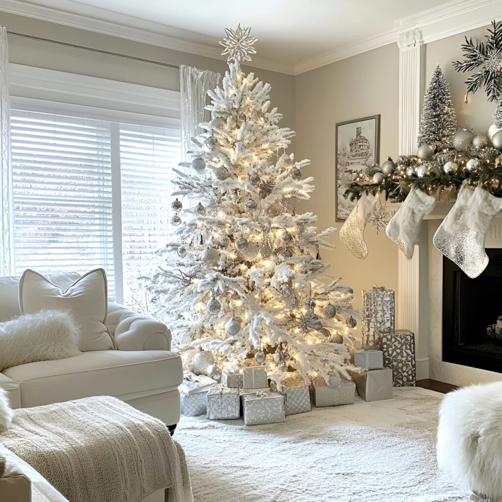 28. White Tree with Silver Snowflakes and Tinsel Décor