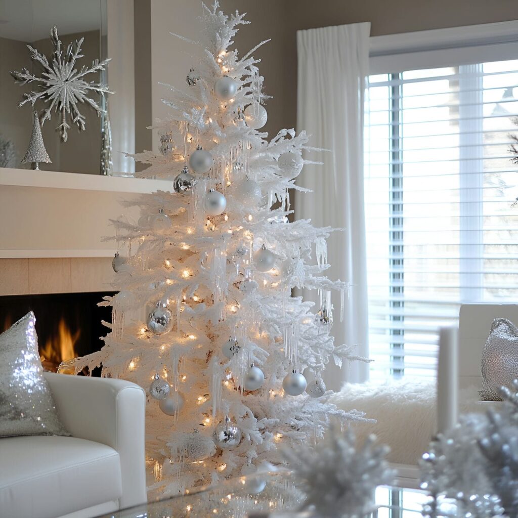 28. White Tree with Silver Snowflakes and Tinsel Décor