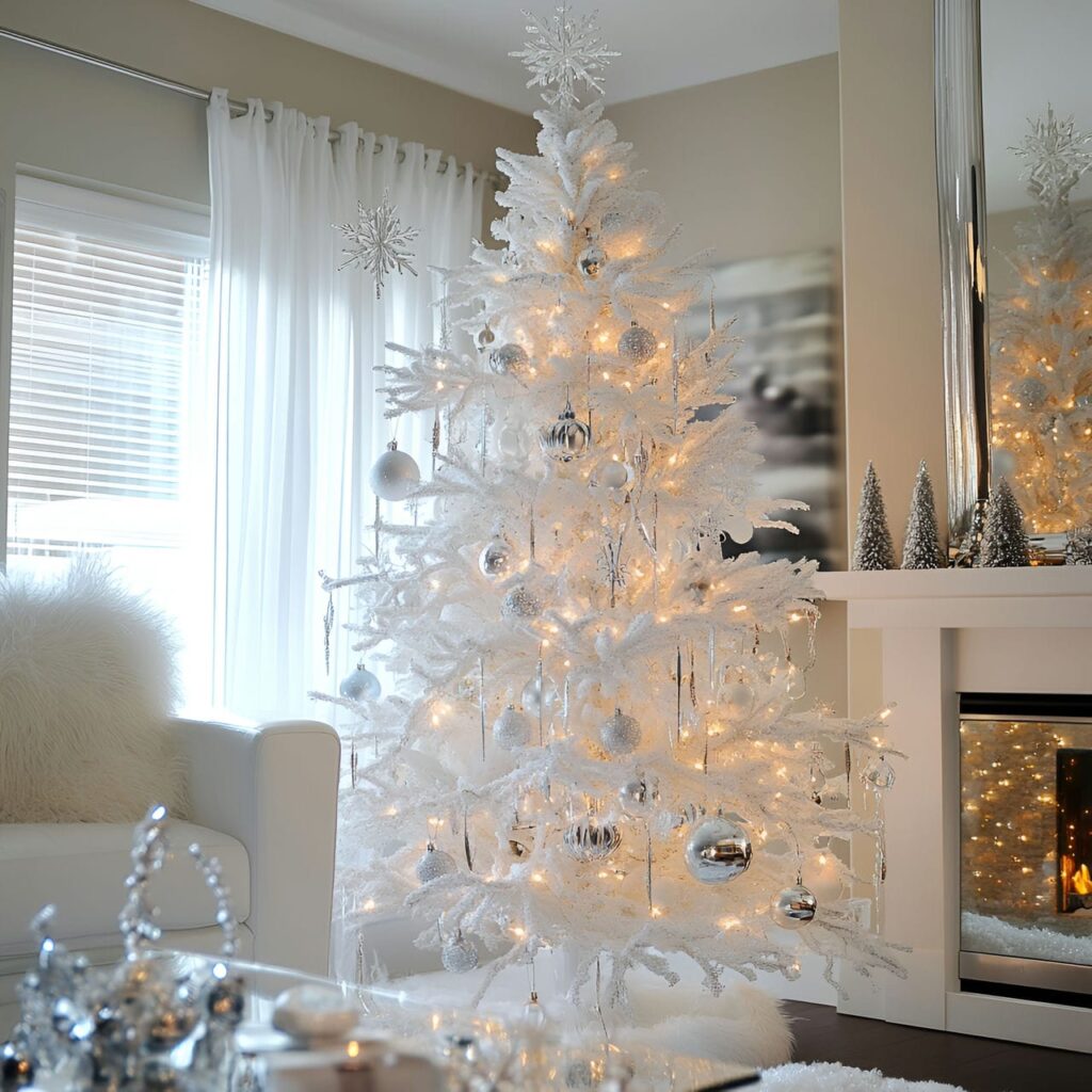 28. White Tree with Silver Snowflakes and Tinsel Décor