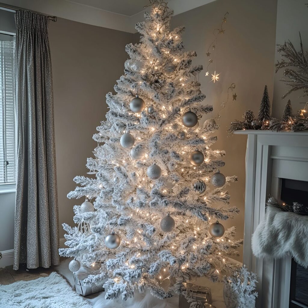 22. White Tree with Silver Tinsel and Sparkling Fairy Lights