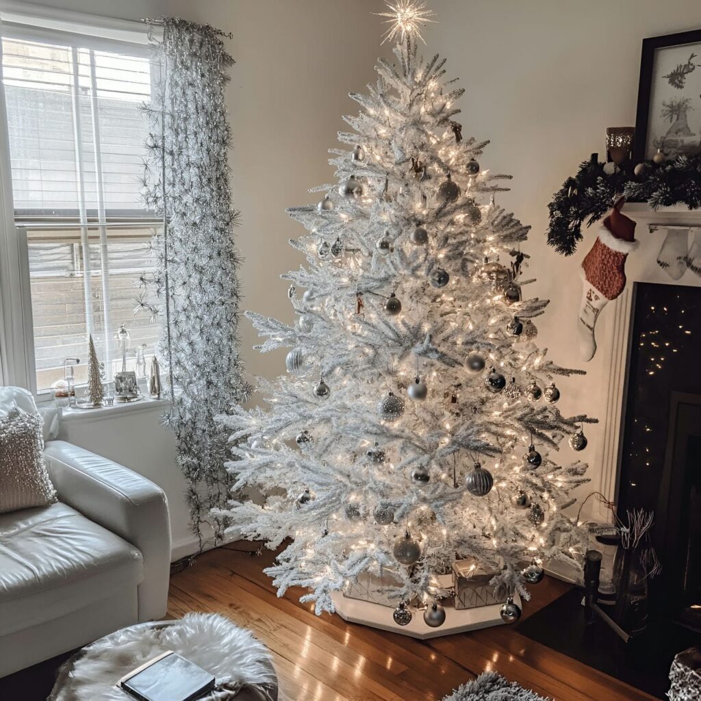 22. White Tree with Silver Tinsel and Sparkling Fairy Lights