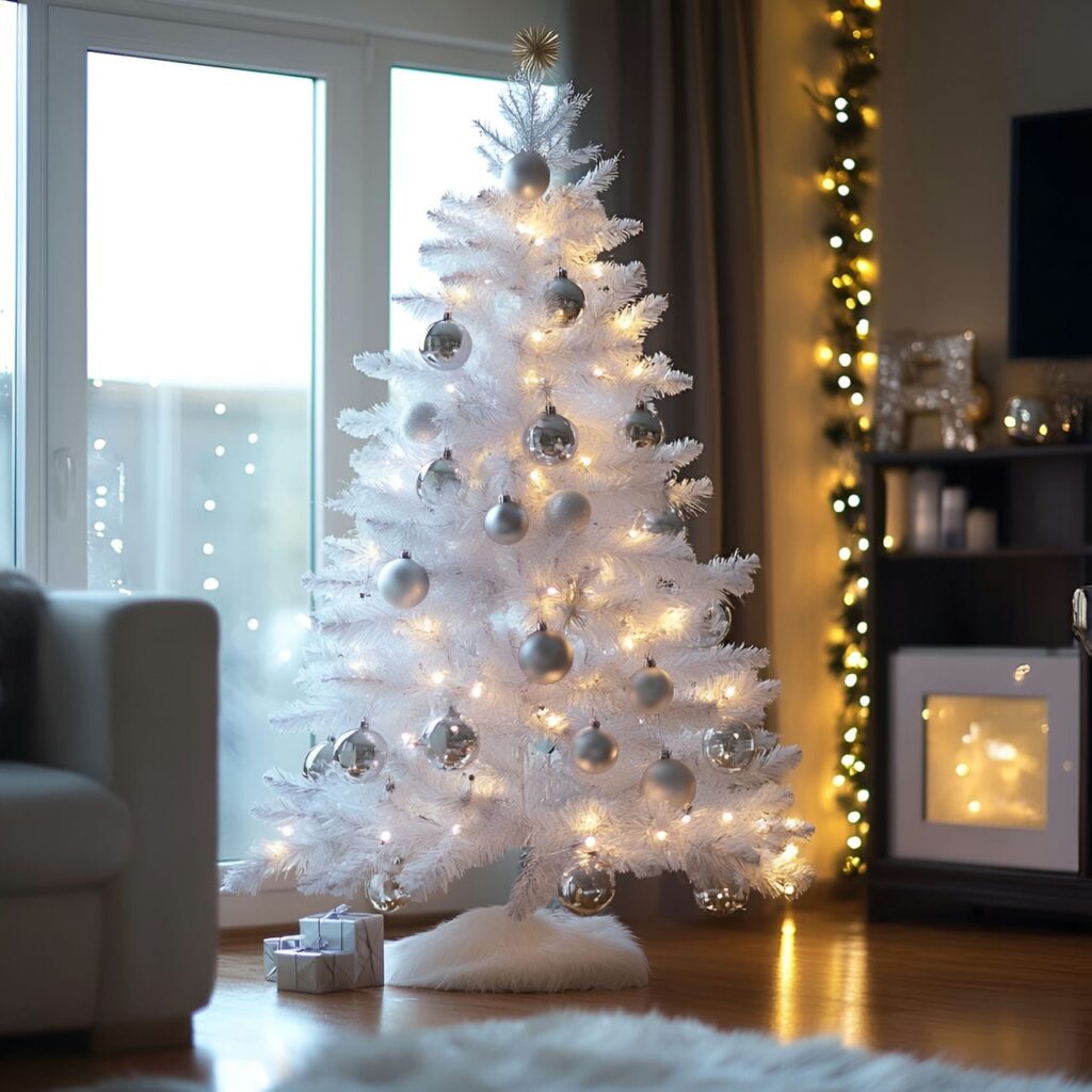 22. White Tree with Silver Tinsel and Sparkling Fairy Lights