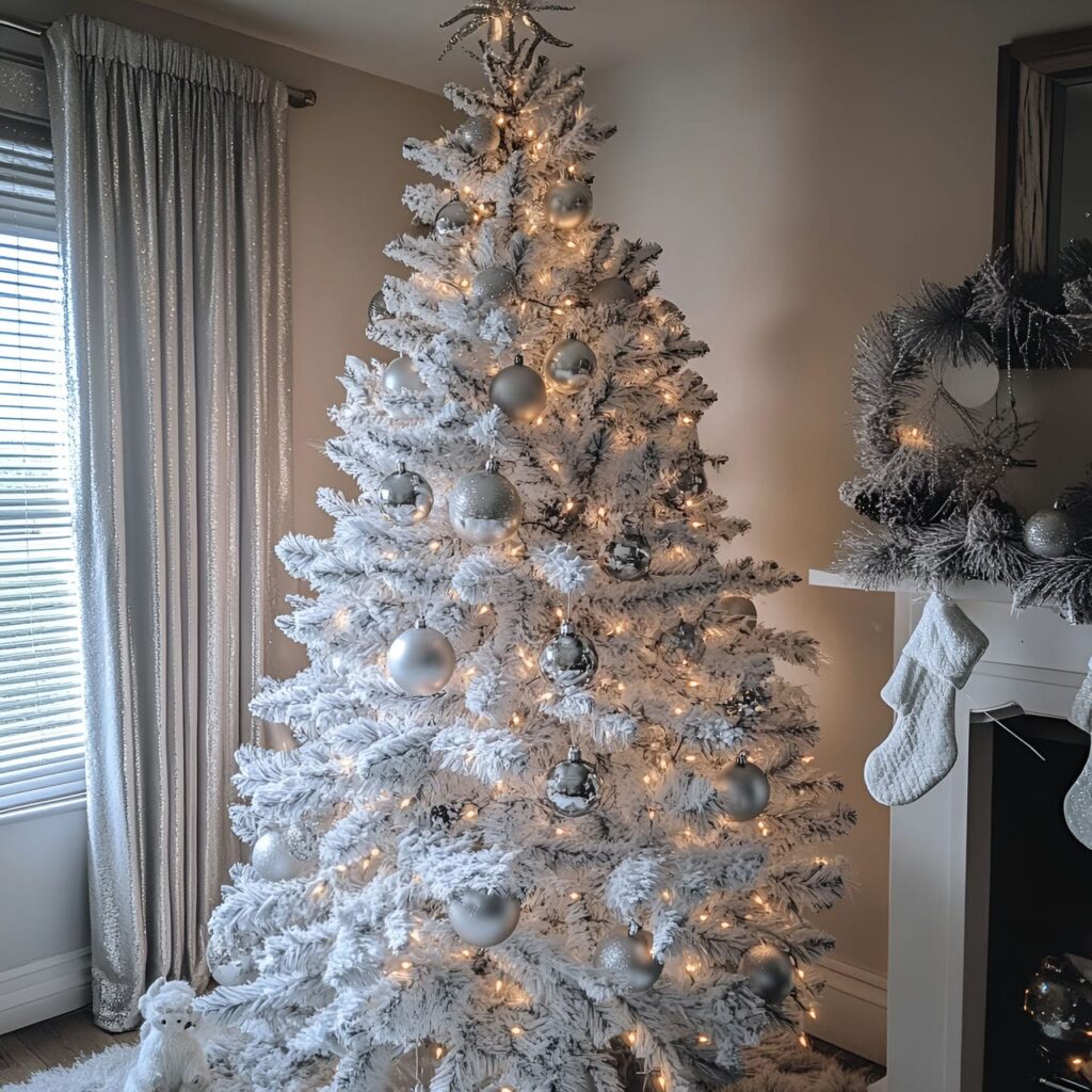 22. White Tree with Silver Tinsel and Sparkling Fairy Lights