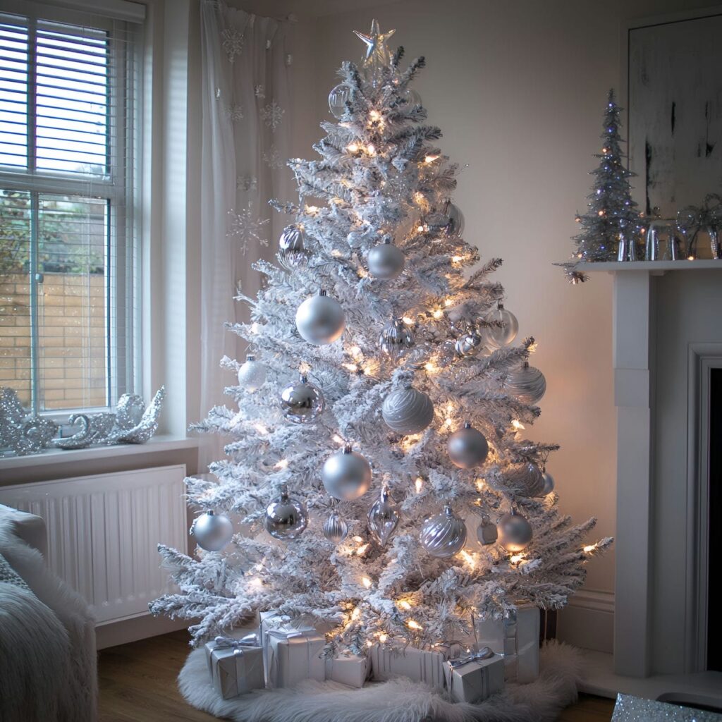 22. White Tree with Silver Tinsel and Sparkling Fairy Lights