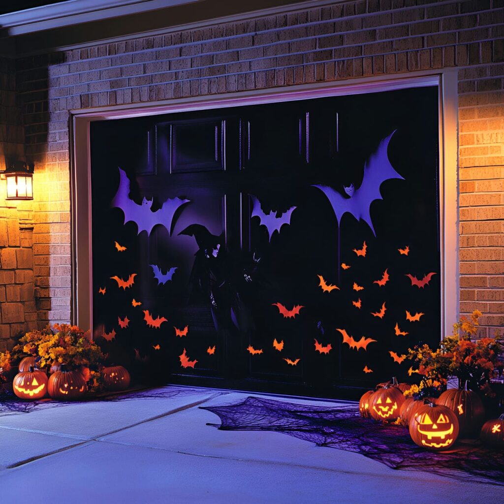 30. Witch and Bats Silhouettes Garage Décor with Glowing LED Lights