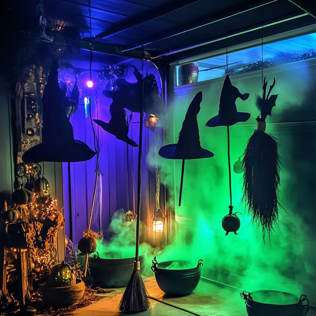 06. Witch Coven Garage with Hanging Hats and Glowing Green Lights