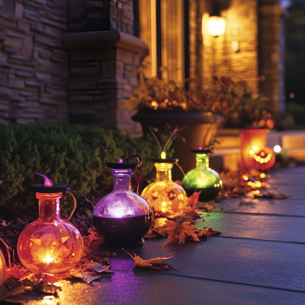 19. Witch's Potion Pathway with Cauldrons and Glowing Bottles