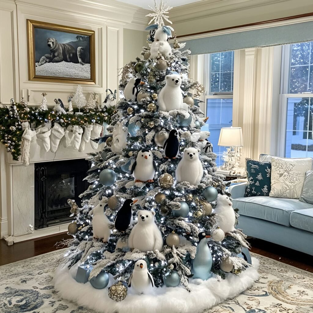 18. Arctic Animal Tree with Polar Bear, Penguin, and Snowflakes