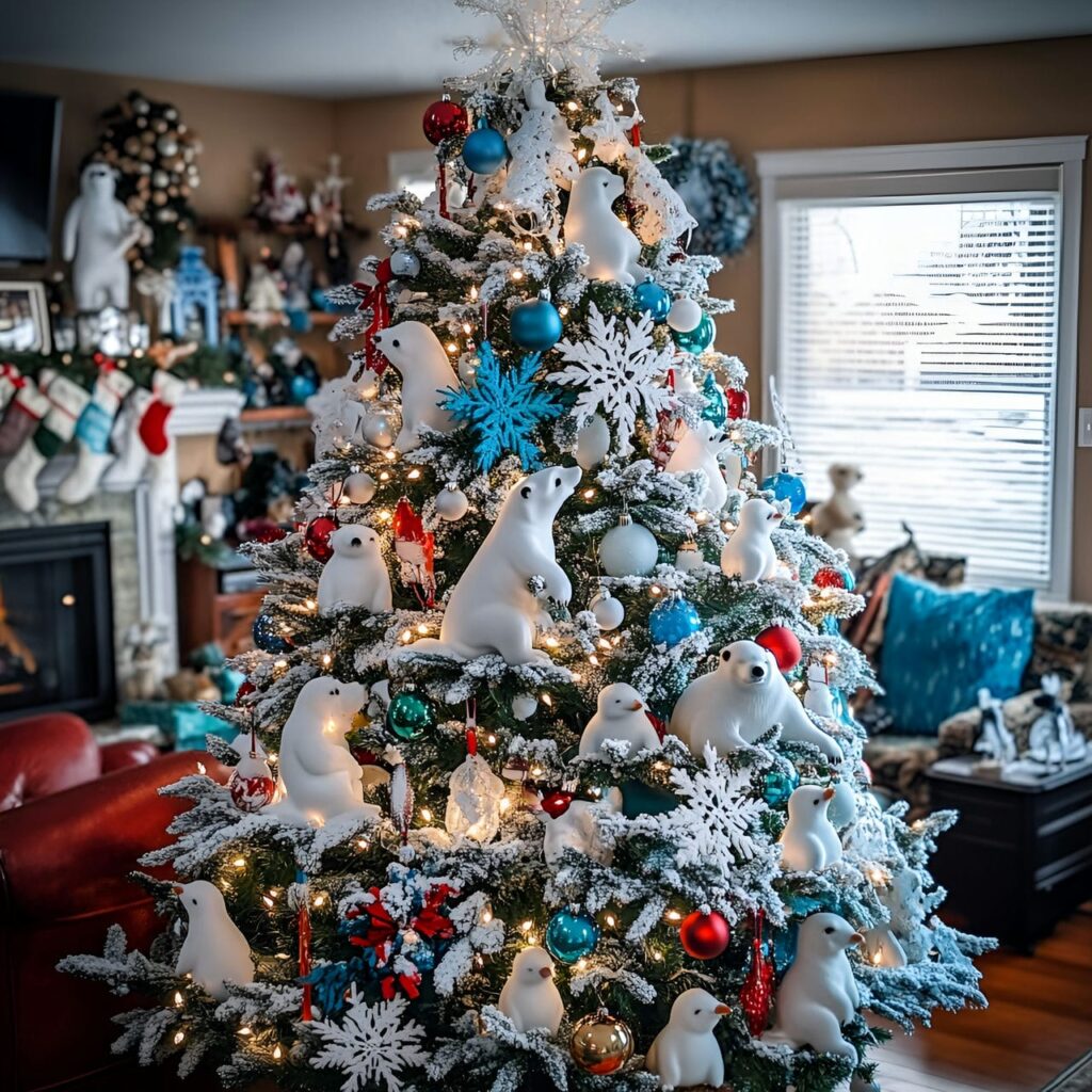 18. Arctic Animal Tree with Polar Bear, Penguin, and Snowflakes