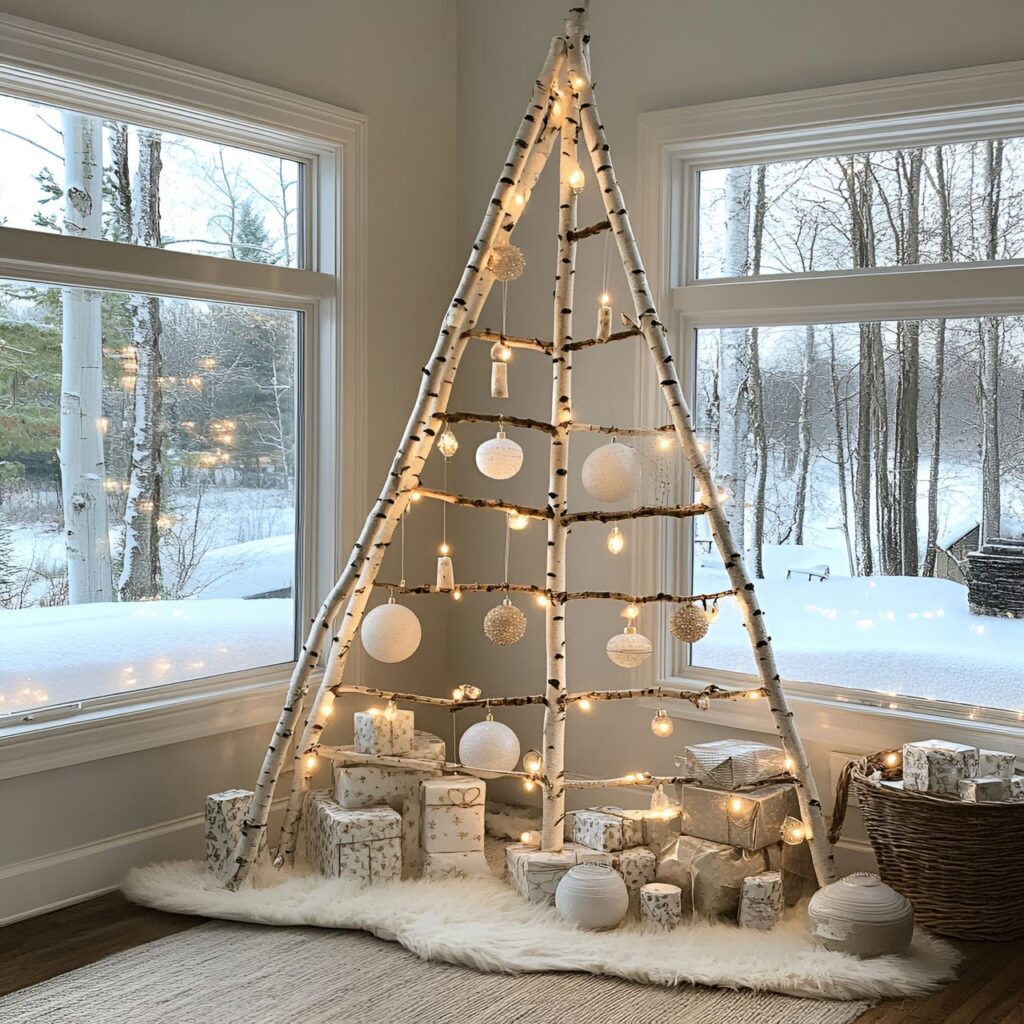 05. Birch Pole Christmas Tree with Rustic White Accents