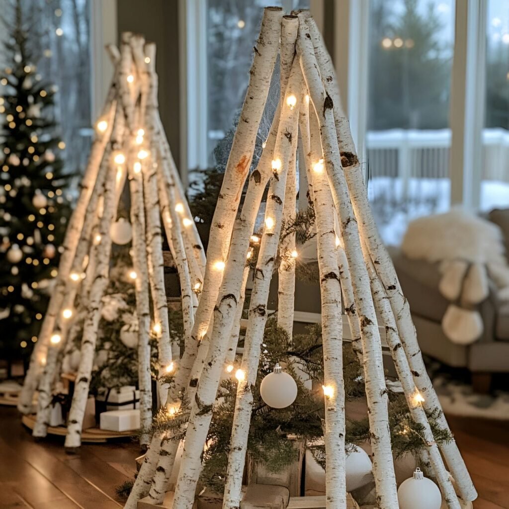 05. Birch Pole Christmas Tree with Rustic White Accents