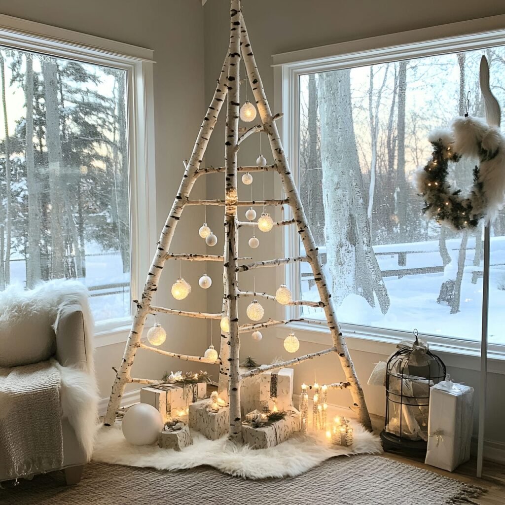 05. Birch Pole Christmas Tree with Rustic White Accents