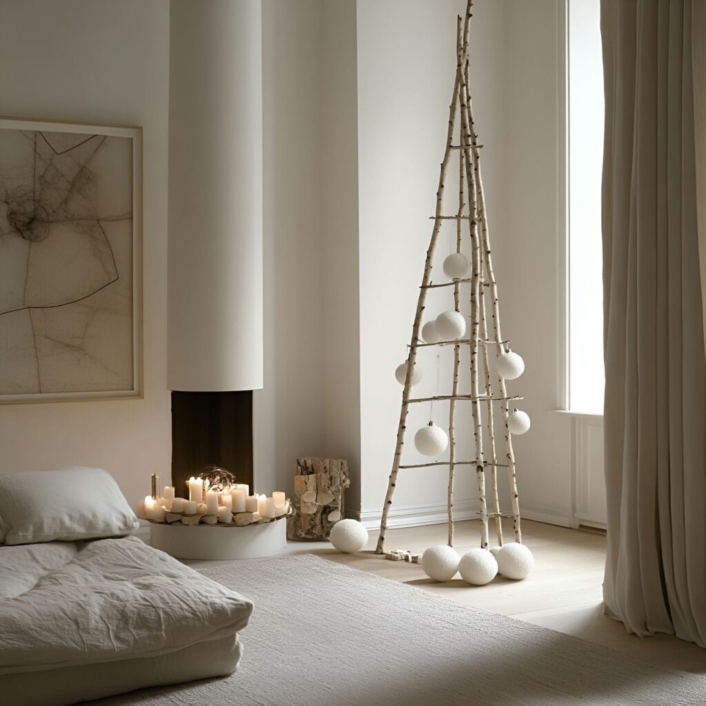 05. Birch Pole Christmas Tree with Rustic White Accents