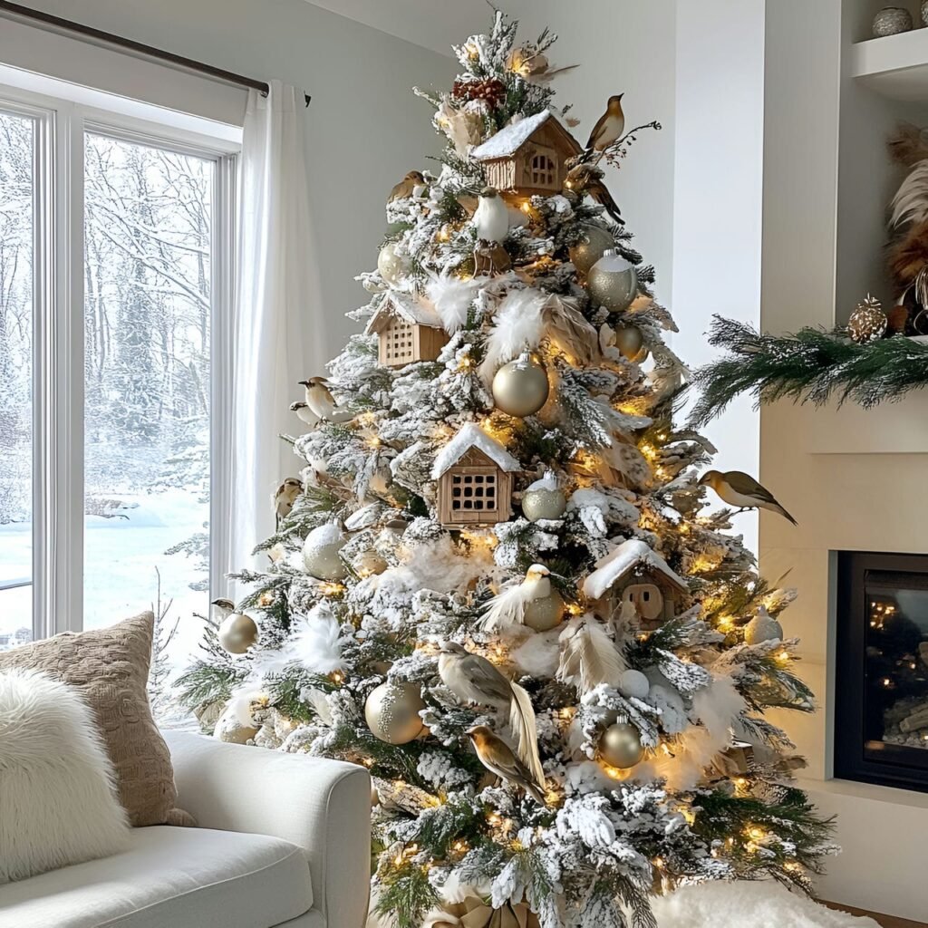 02. Bird-Lover’s Christmas Tree with Birdhouses and Feather Ornaments