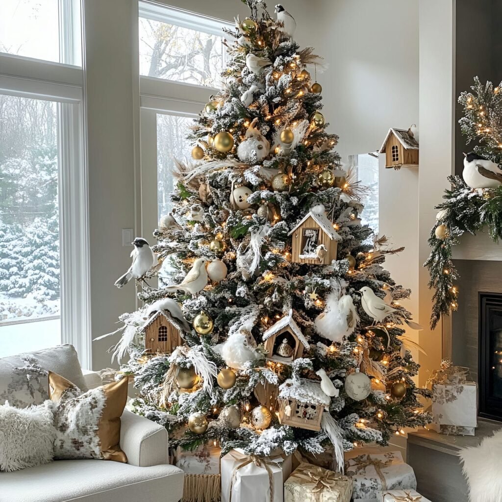 02. Bird-Lover’s Christmas Tree with Birdhouses and Feather Ornaments