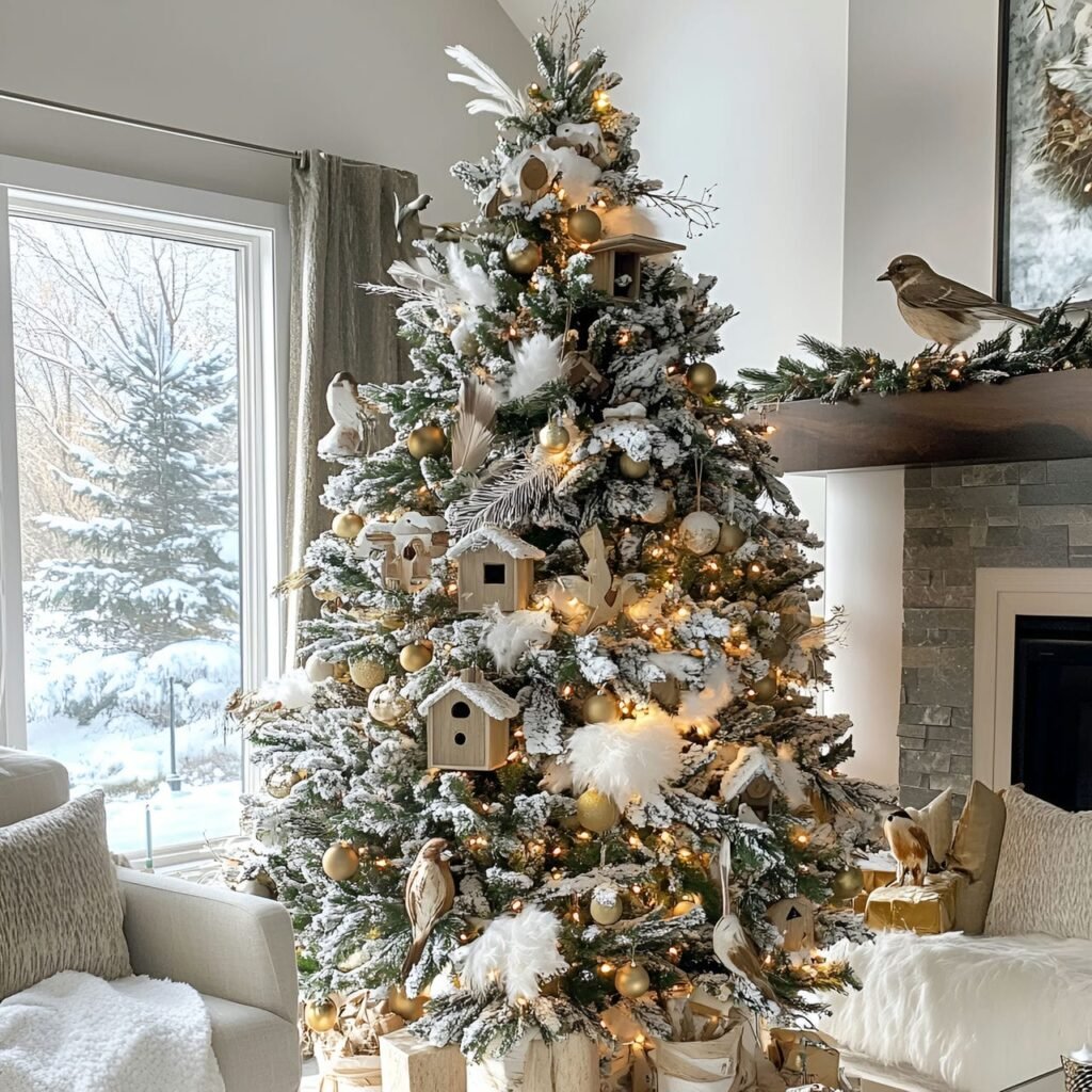 02. Bird-Lover’s Christmas Tree with Birdhouses and Feather Ornaments