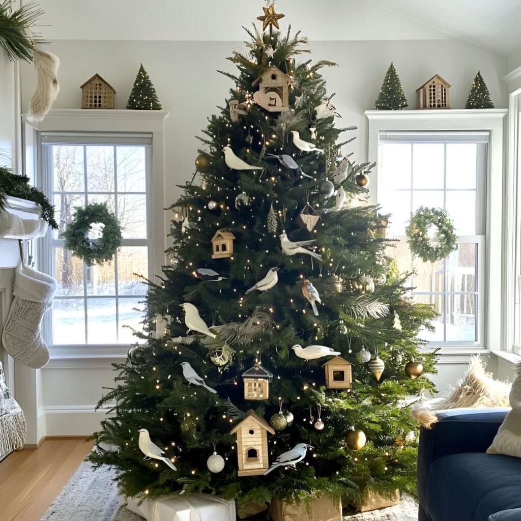 02. Bird-Lover’s Christmas Tree with Birdhouses and Feather Ornaments