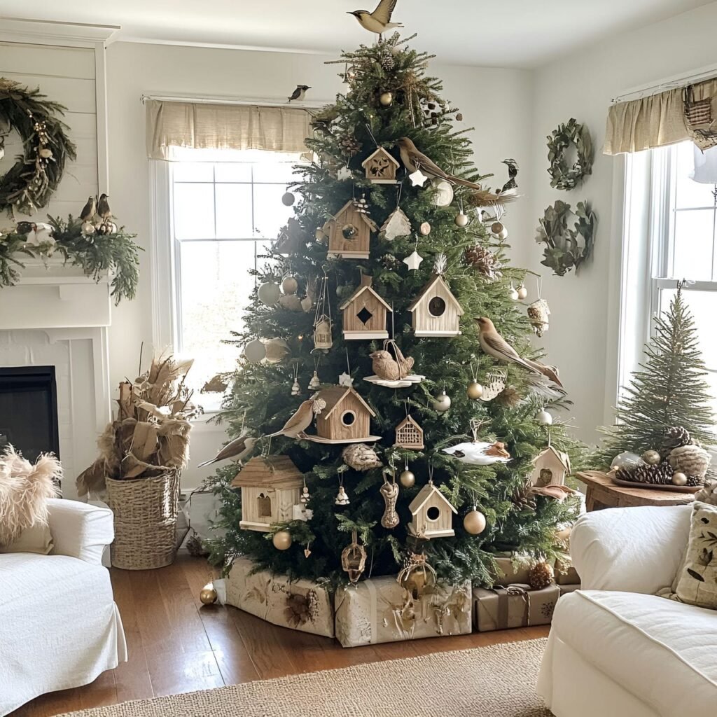 02. Bird-Lover’s Christmas Tree with Birdhouses and Feather Ornaments