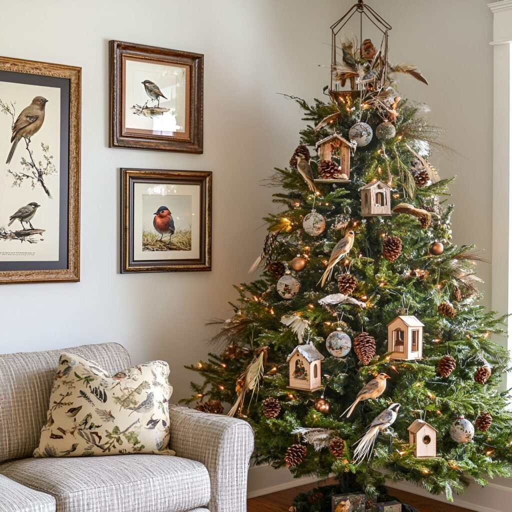 02. Bird-Lover’s Christmas Tree with Birdhouses and Feather Ornaments