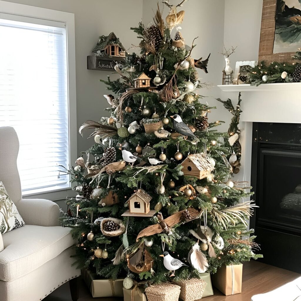 02. Bird-Lover’s Christmas Tree with Birdhouses and Feather Ornaments