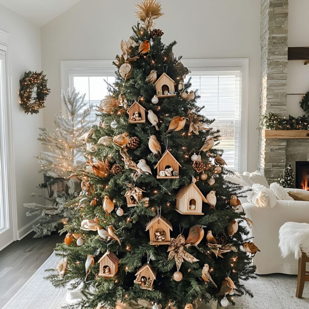 02. Bird-Lover’s Christmas Tree with Birdhouses and Feather Ornaments