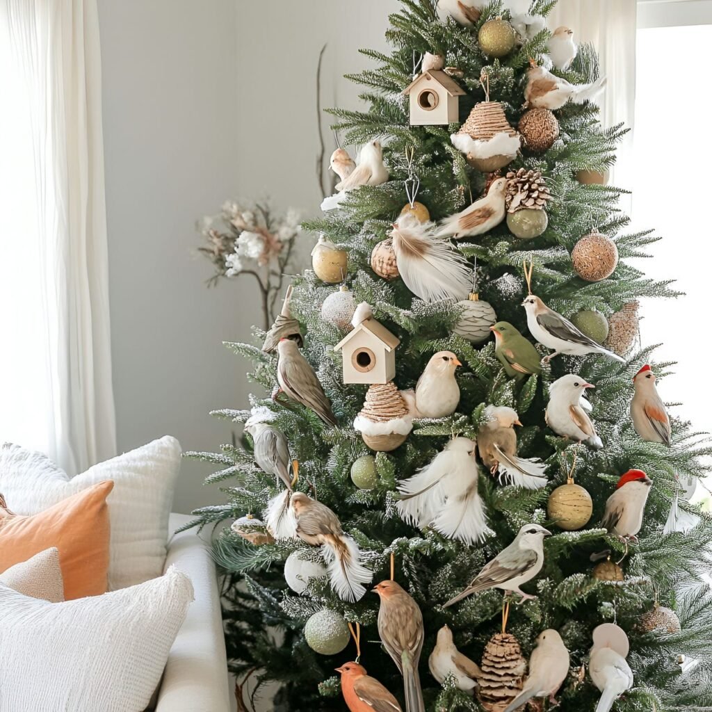 02. Bird-Lover’s Christmas Tree with Birdhouses and Feather Ornaments