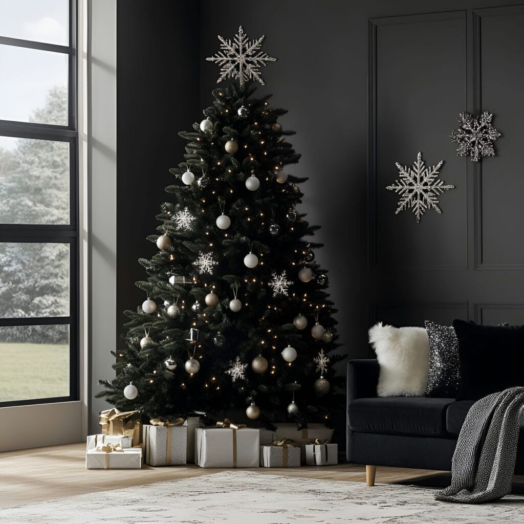 06. Black Tree with White Ornaments for Bold Contrast