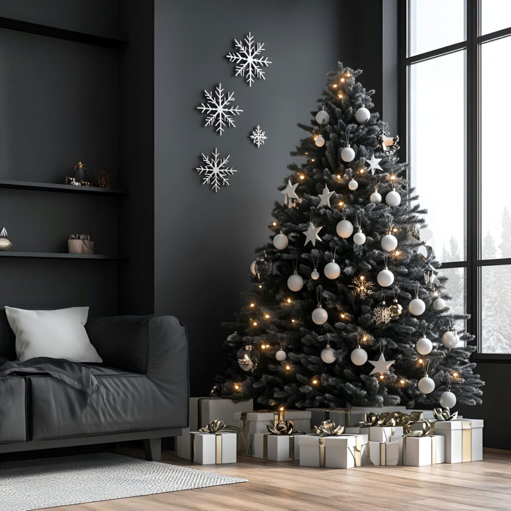 06. Black Tree with White Ornaments for Bold Contrast